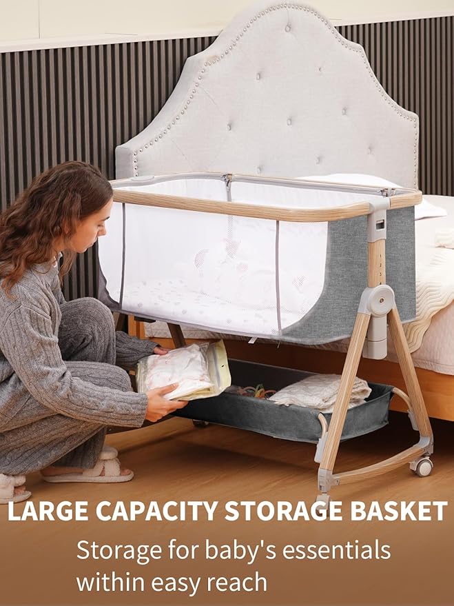 Baby Bassinet Bedside Sleeper - 3 in 1 Bassinets with Waterproof Sheets, Soft Mattress and Breathable Mesh, Adjustable Height Bedside Bassinet for Baby with Wheels, Storage Basket, Gray