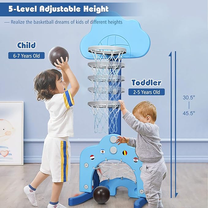 Costzon Kids Basketball Hoop, Toddler Sports Activity Center w/ 5 Adjustable Height Levels, Basketball Soccer Golf Game Set, Indoor Outdoor Basketball Hoop Set Gift for Baby Infant