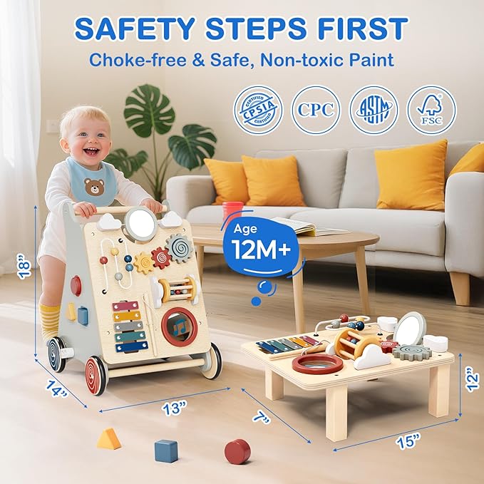 Baby Push Walker with Detachable Busy Board, Wooden Baby Walker with Adjustable Speed Wheels, Montessori Push Walker for Babies, Push Walking Toys for Boys & Girls 1 Year Old, Gifts for Toddler