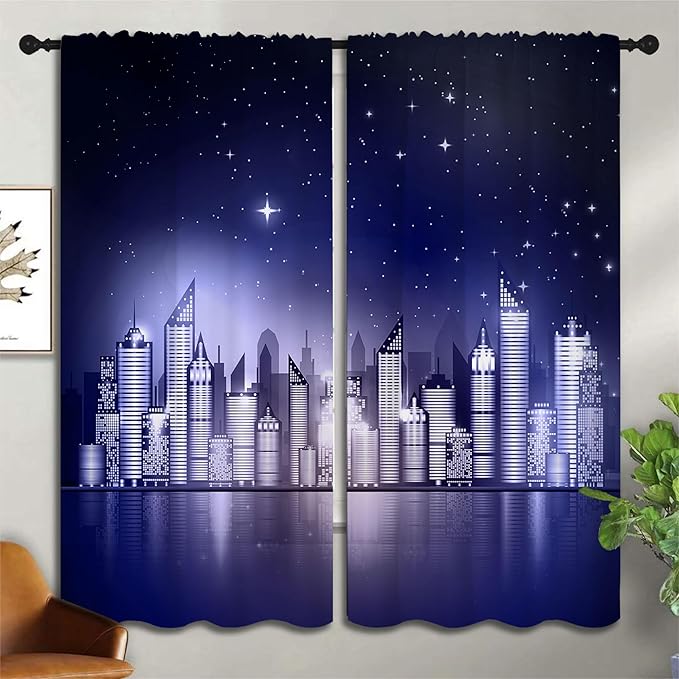 City Rod Pocket Blackout Curtains for Boy Girl Bedroom, New York Skyline Modern City Starry Sky Night View Thermal Insulated Home Window Drapes for Living Room Darkening, 72x63 inch