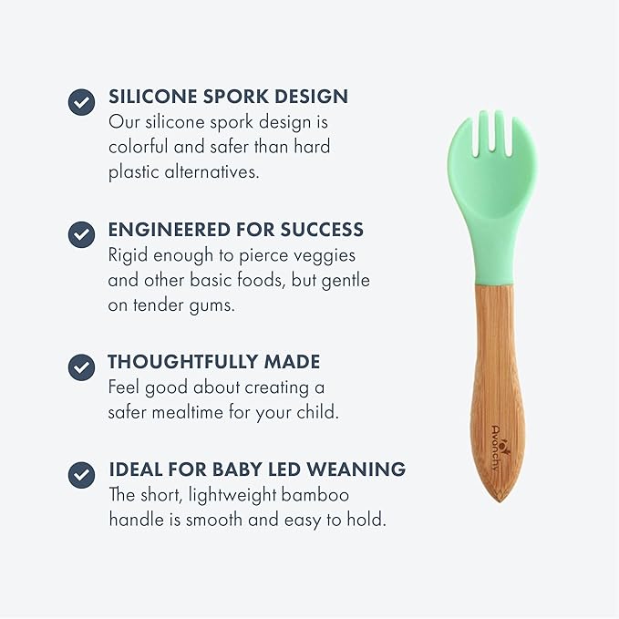 Avanchy Baby Fork Set, Bamboo and Silicone Spork Utensils, Toddler Baby Led Weaning Silverware Cutlery Flatware, Kids First Self Feeding