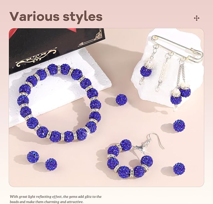 105pcs 10mm Rhinestone Beads for Jewelry Making, Dark Blue Shiny Round Disco Ball Beads Bulk, Sparkle Crystal Clay Christmas for Bracelet Baseball Necklace Earring Crafting and DIY