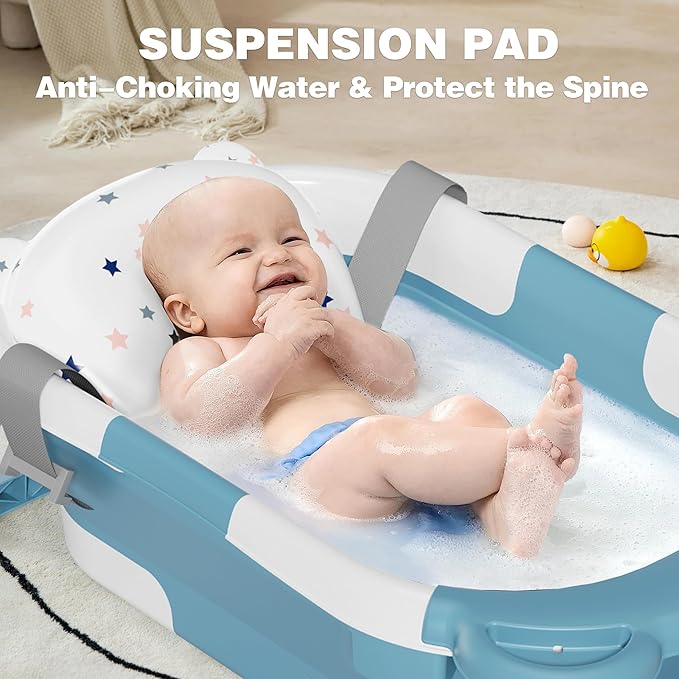 MoreFeel Collapsible Baby Bathtub for Newborn with Thermometer & 1 Hooded Towel & 1 Soft Floating Cushion,Portable Travel Bathtub with Drain Hole, Durable Foldable Baby Tubs for Infants to Toddler