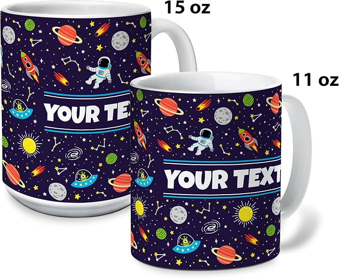 Personalized Mug for Kids - Outer Space - Custom Name/Text, Ceramic Hot Chocolate/Cocoa/Coffee Cup for Boys/Girls, Birthday/Christmas/Holiday Gift - 11 oz, Light Blue Handle