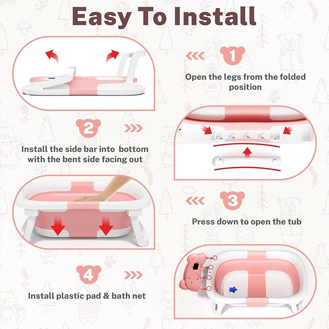 AVIDOR Baby Bathtub,Collapsible Bathtub for Newborn to Toddler,Durable Essential Infant Bath Tub,Portable Travel Baby Tub with Soft Cushion,No-Slip Hanging and Detachable(Pink)