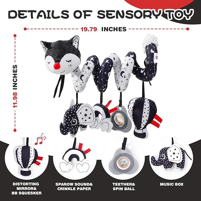 Jollybaby Crib Stroller Car Seat Toys for Baby 0-3-6-9-12 Months, Tummy Time Hanging Sensory Toys for Newborn with Music Box and Teether, Spiral Carseat Toy for Infant Boy Girl Gift (Black and White)