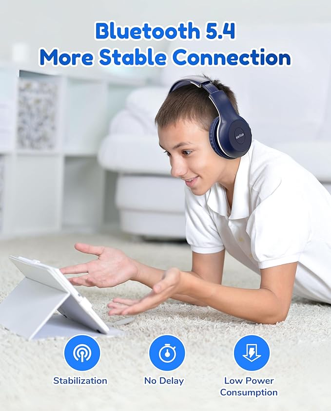 EarFun K2 Kids Bluetooth Headphones, Kids Headphones with Volume Limited, 40H Playtime, Built-in Mic, Stereo Sound, Foldable Over-Ear Headphone for School/Travel/iPad/Tablet, Blue