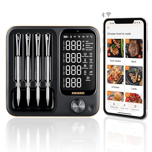 Wireless Meat Thermometer with 4 Probes, Inkbird Wifi BluetoothThermometer Digital Wireless for Rotisserie Grill Oven,Unlimited Range Dishwasher Waterproof Bluetooth Meat Thermometer for iOS & Android