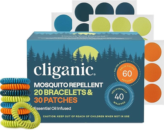 Cliganic Mosquito Repellent Bracelet Stickers Pack for Kids & Adults Multi Color, Natural DEET-Free, Essential Oil Infused 40 Bands with 60 Patches, Citronella Scent (100 Pack)