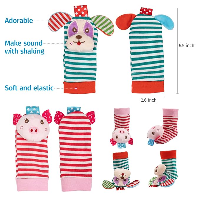 Baby Rattles Toys - Soft Hanging, Handheld & Foot Sock Rattles Set - Plush Stuffed Infant Toys for 0-3, 3-6, 6-12 Months - Newborn Gift