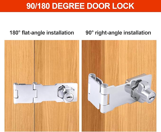 KIBBEH 1 Pack Door Lock Hasp Latchs, Collapsible Solid 304 Stainless Steel File Cabinet Lock Desk Drawer Lock, for 90 Degree and 180 Degree Drawers, Dabinets, Doors, Flip Barn Door (Universal Key)