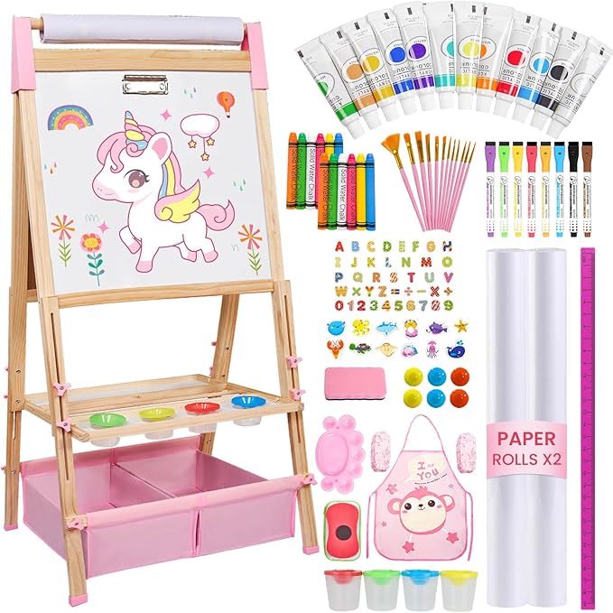Easel for Kids,Adjustable Wooden Art Easel for Kids,119+ Art Supplies,Double Sided Magnetic Chalkboard and White Board Whit Storage Basket,Drawing and Painting for Aged 2-4,5-7,8-12,2 Paper Rolls
