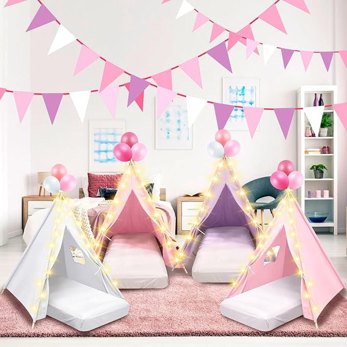 6 Pack Sleepovers Teepee Tent for Kids Bulk with Mattress Sheet Light,Natural Cotton Washable Indoor Play Tent for Birthday Slumber Party Girls Boys Pajama Movie Night Supplies(Pink, Purple, White)