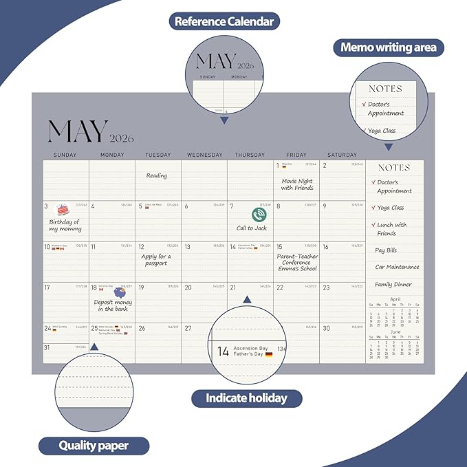 Desk Calendar 2025-2026, Monthly Desktop Large Calendar Runs Until December 2026-17" x 12" Desk Wall Planner for Family Office Teacher School, Blue
