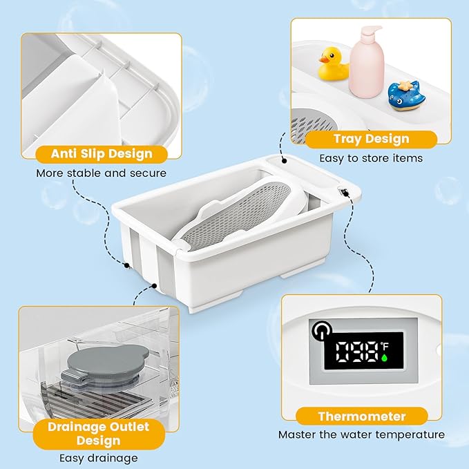 Collapsible Baby Bathtub with Smart Temperature Display & Bath Stand, Portable Travel Bathtub, Ideal for 0-36 Months Infants (Beige)