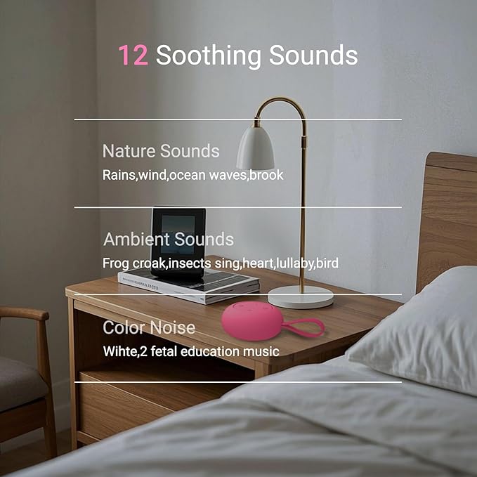 Portable Baby Sound Machine [White Noise for Babies Kids Adults][Sleep Soother][Timer Function][12 Soothing Sounds] 15 Hours Battery Life, Registry Gift,Shower,Clips on Baby Stroller.Rose
