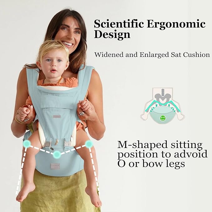Baby Carrier, 3-in-1 Baby Carrier Newborn to Toddler with Hip Seat (Ergonomic M Position) for 0-36 Month/7-45lbs, Adjustable Size for Enhanced Lumbar Support,Perfect for On-The-go,Light Cyan