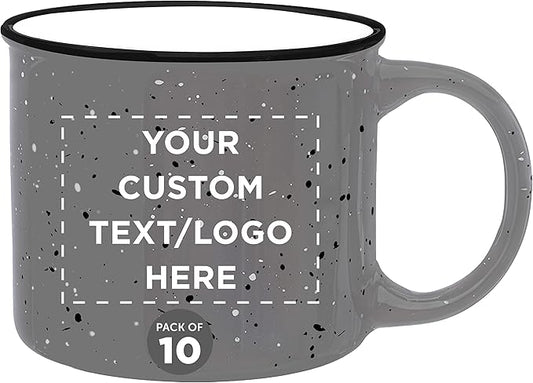 DISCOUNT PROMOS Custom Ceramic Campfire Coffee Mugs 13 oz. Set of 10, Personalized Bulk Pack - Perfect for Tea, Espresso, Cappuccino, Hot Cocoa - Grey