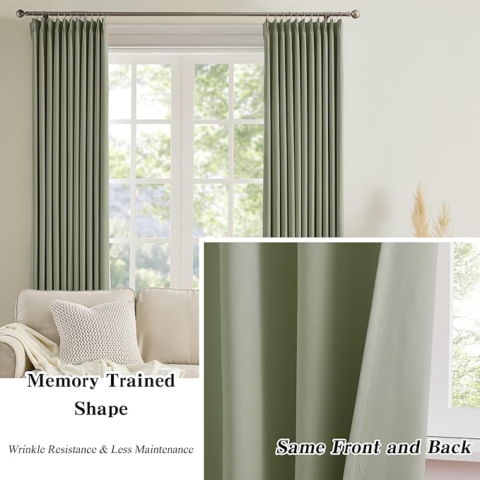 KEQIAOSUOCAI Sage Green Pinche Pleat Curtains 45 Inches Long Thermal Insulated Dark Black Out Short Drapery for Bedroom Light Blocking Window Covering Room Darkening Drapes for Nursery 40x45 2 Pieces