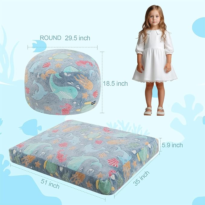 COMAX Kids Bean Bag Chair Turn into Beanbag Bed, Toddler Bean Chair for Girl Boy Sleeping, Lazy Children Bean Bags with Filler, Convertible Child Floor Mattress, Ocean Life