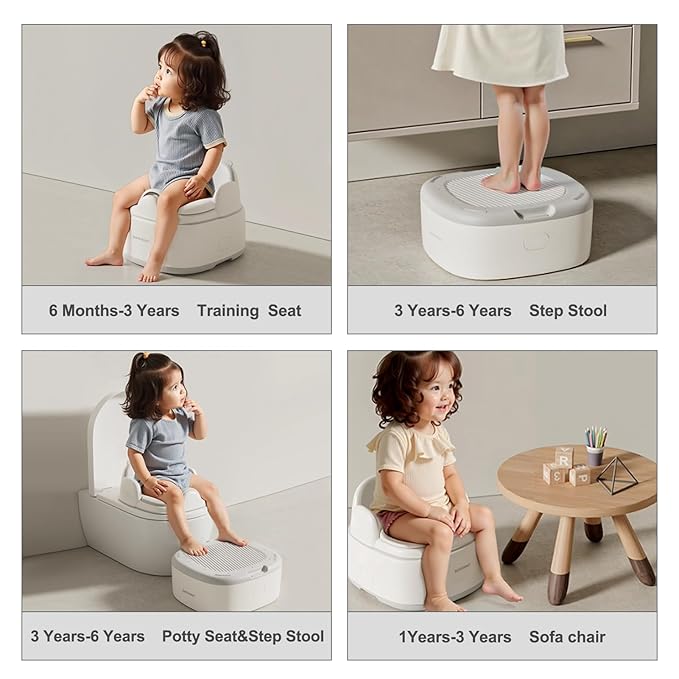 Bebamour Potty Training Toilet 3 in 1 Multi-Functional Potty Seat Detachable Baby Potty Step Stool Anti-Slip Stable Potty Training Toilet with 100 Pack Trash Bags for Baby Toddler Kids(Grey)