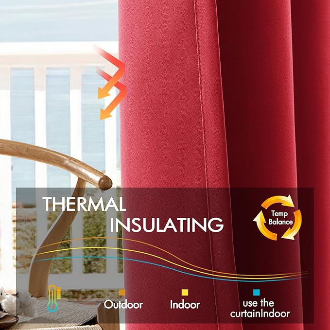 ANRODUO Back Tab Blackout Curtains for Bedroom Living Room, Rod Pocket Pinch Pleated Thermal Insulated Room Darkening Curtains 63 Inches Long 2 Panels, Red, 42 x 63 Inch