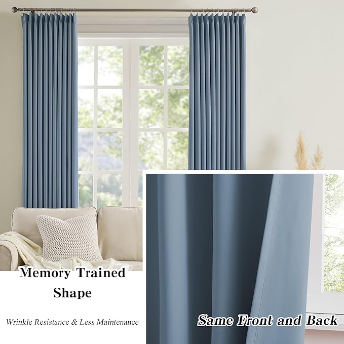 KEQIAOSUOCAI 2 PCs Dusty Blue Pleat Wide Drapes for Sliding Glass Door 60 Wide x 90 Inch Long, Privacy Light Block Noise Reduce Insulated Ceiling to Floor for Locker Room Basement Bedroom Closet
