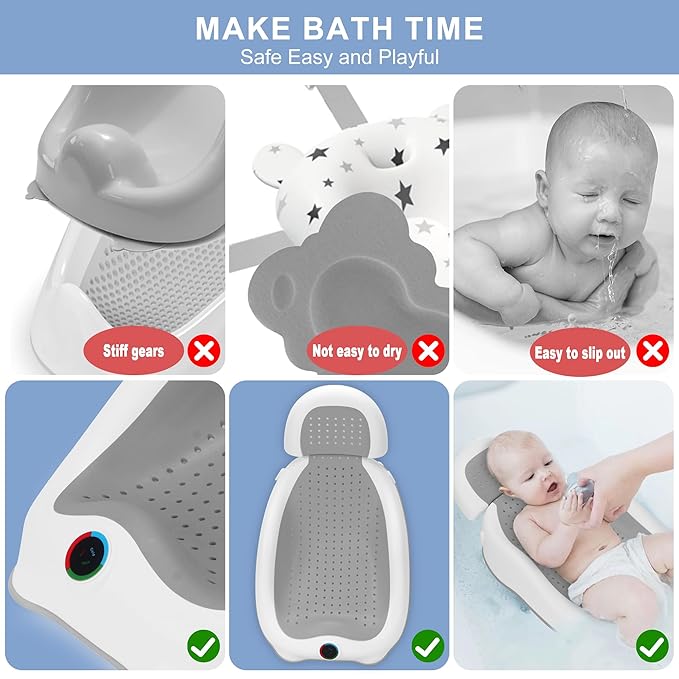 Baby Bath Support,Ideal for Babies Less Than 6 Months Old,with Thermometer-Adjustable Slope Newborn Bathtub, Baby tubs for Baby tubs for Newborn Essentials Must Haves (Gray)