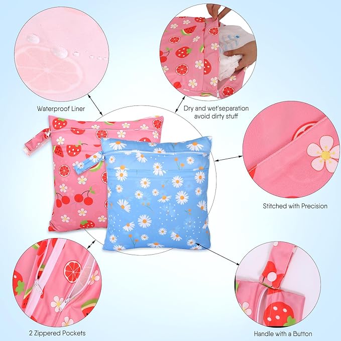 2pcs Cloth Diaper Wet Dry Bags, Waterproof Reusable Wet Bag with 2 Zipper Pockets & Handle, Washable Laundry Bags for Baby Adult Clothes Travel Beach Pool Daycare Yoga Gym Exercise Swimsuits,