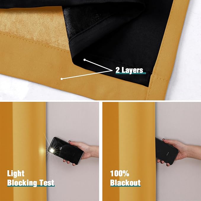 ChrisDowa 100% Blackout Curtains for Bedroom with Black Liner, 2 Thick Layers Total Blackout Thermal Insulated Grommet Small Window Curtains 2 Panels Set (Mustard Yellow, 42 x 54 Inch)