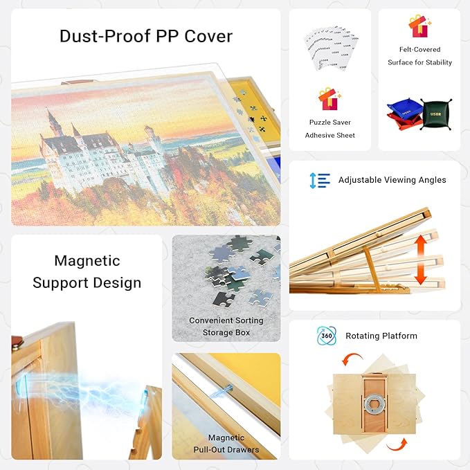 Elegant Wood Grain 2-in-1 Rotating & Tilting Puzzle Board 1500 Pieces, 36"x26" Wooden Board with Drawers, Lazy Susan Base, Cover, Storage Trays & Handle, Gift for Adults & Seniors