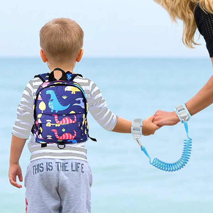 Accmor Toddler Backpack Leash with Anti Lost Wrist Link, Cute Mini Child Walking Harnesses Keep Kids Close Back Pack Rope Tether Rein for Baby Boys (Navy Blue/Dino)