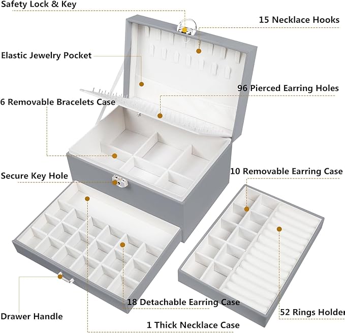 Earring Jewelry Box for Women Girls Stud Organizer, 5 Layers Grey Jewelry Organizer Box With Lock Earring Holder Organizer Ring and Necklace Jewelry Box with Earrings Holder for Women Girls