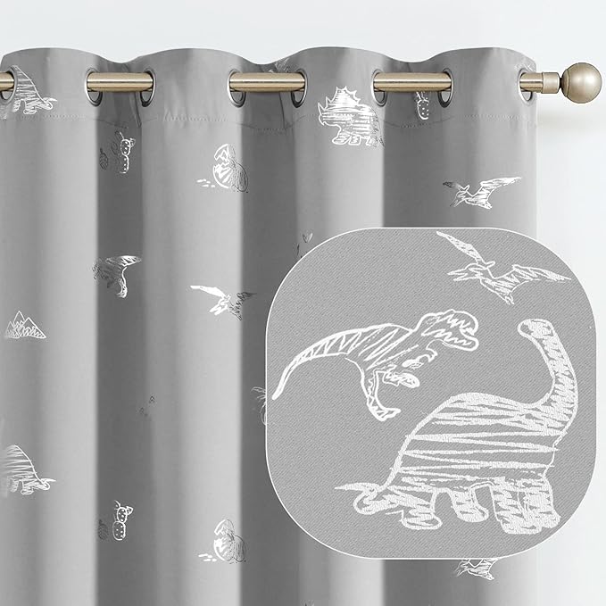 Vangao Grey Blackout Curtains Dinosaur Curtains for Boys Kids Nursery Girls Room Silver Dino Foil Print Thermal Insulated Grommet Top Window Drapes 63 Inches Length 2 Panels