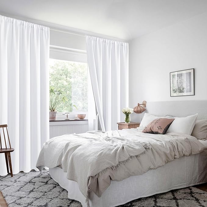 XWZO White 100% Blackout Curtains - Heat and Full Light Blocking Drapes with Black Liner for Bedroom/Laundry Room, Rod Pocket Window Panels with Tiebacks, White, W38 x L72, Set of 2