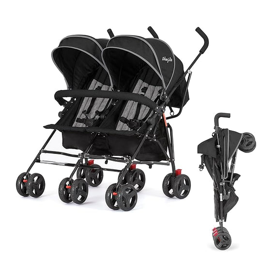 Dream On Me Volgo Twin Umbrella Stroller in Black, Lightweight Double Stroller for Infant & Toddler, Compact Easy Fold, Large Storage Basket, Large and Adjustable Canopy