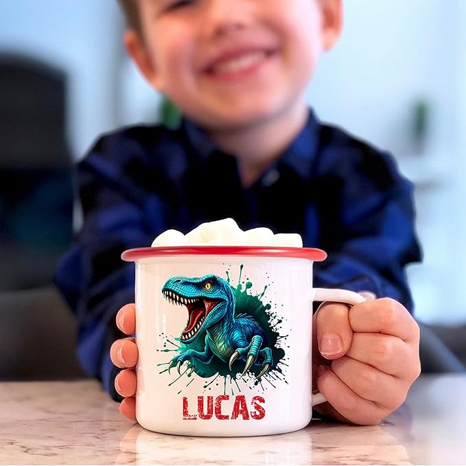 Personalized 12 oz Enamel Mug with Name - Custom Camping Coffee Mugs for Home, Work, Travel, Camping - Birthday Christmas Gift for Family Friend (Splash-Ink Dinosaur)