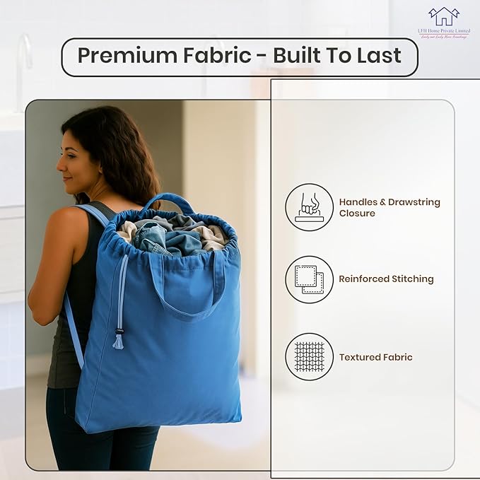 LFH Home Cotton Canvas Large Laundry Bag with Handle, Heavy Duty Drawstring Closure Washable Laundry Bags, School Travel, Home, Hotel, College Dorm, Organizer Sack, Toys Clothes 20x30-Sky Blue