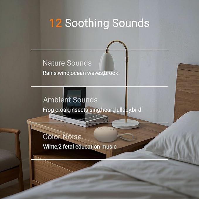 Portable Baby Sound Machine [White Noise for Babies Kids Adults][Sleep Soother][Timer Function][12 Soothing Sounds] 15 Hours Battery Life, Travel,Registry Gift,Shower,Clips on Baby Stroller