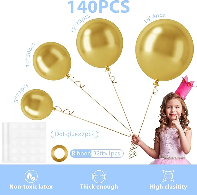 140pcs Gold Balloon Arch Kit, Gold Balloons of Different Sizes Pack of 18 12 10 5 Inch Party Balloon Kit for Birthday Party or Balloon Arch as Graduation Wedding Baby Shower Party Decorations
