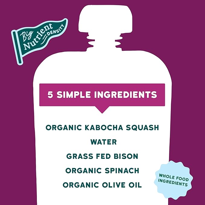 Serenity Kids Baby Food Pouches, Grass Fed Bison with Organic Kabocha Squash & Spinach, For 6+ Months, 3.5 Ounce Pouch (12 Count)