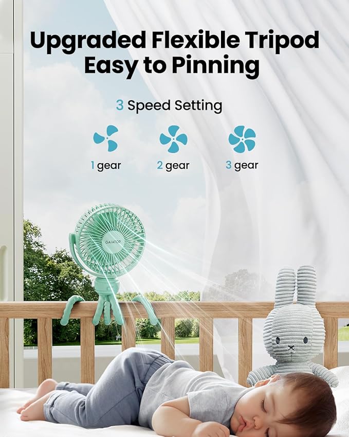 Gaiatop Mini Portable Stroller Fan, Battery Operated Small Clip on, Detachable 3 Speed Rechargeable, 360° Rotate Flexible Tripod Better Cooling for Car Seat Crib Treadmill Travel Green