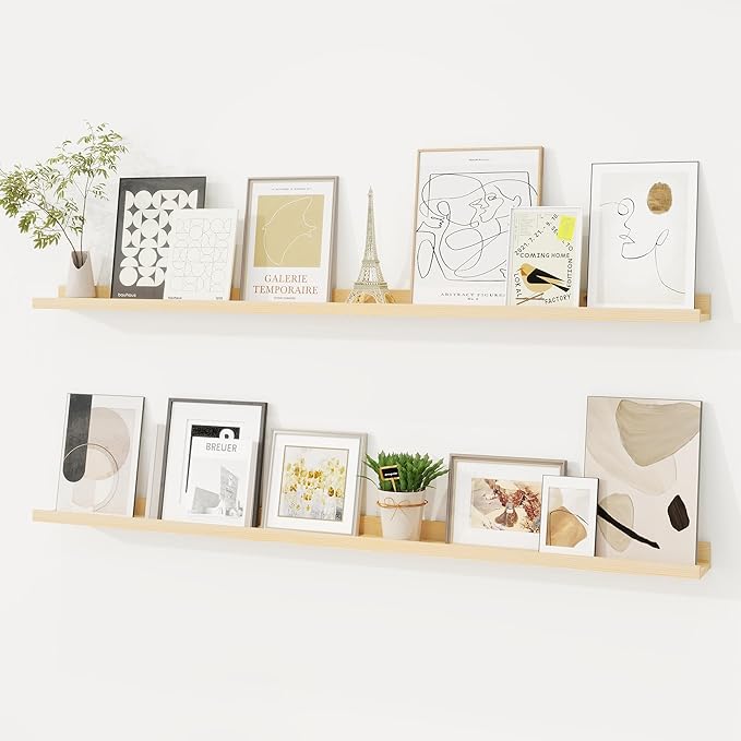 Picture Ledge Shelf, Solid Pine Wood Floating Shelves Set of 2, 48 Inches Nursery Book Shelves for Toys Storage, Kids Bookshelf Wall Mounted for Living Room Decor Photo Frames, Unfinished Natural