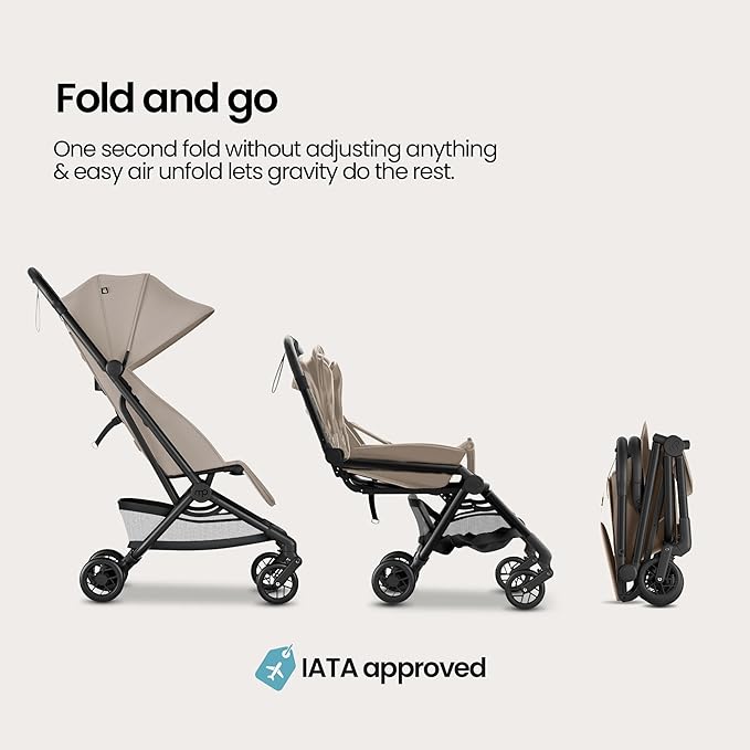 Mompush Velo Lightweight Travel Stroller – One-Hand Fold, Ultra-Compact & Airplane Friendly, Lie-Flat Recline Seat (from Birth to 50 lbs), Includes Cup Holder, Shoulder Strap, and Leather Bumper Bar