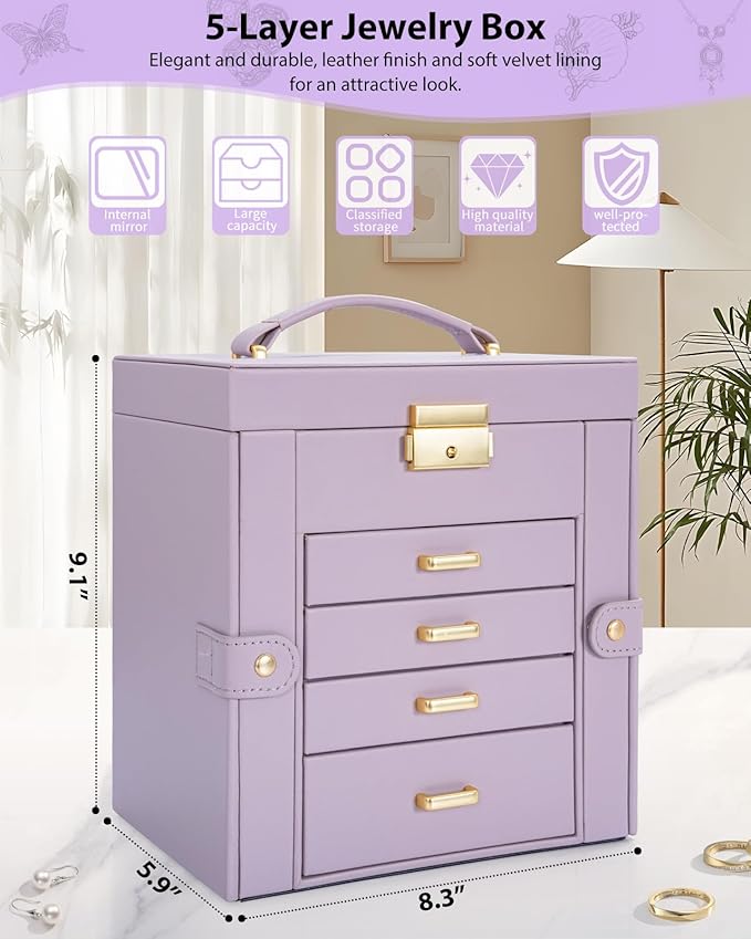 AKOZLIN 5-Tier Jewelry Box Leather Jewelry Storage Organizer with 4 Drawers Lockable for Women Girls Ring Necklace Earring Bracelet Watches Holder with Mirror Purple
