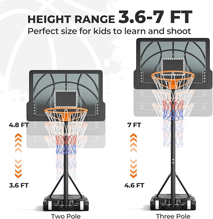 Kids Basketball Hoop, 3.6-7 FT Height Easy Adjustable, Portable Basketball Hoop Outdoor Indoor for Kids/Teens/Youth, 30" Backboard