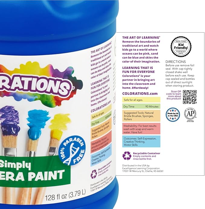 Colorations Paraben-Free Washable Tempera Paint for Kids - Set of 12 Colors, Gallon Value Sizes, Vibrant Poster and Classroom Paint for Creative Projects, Washable, Made in USA, Non-Toxic