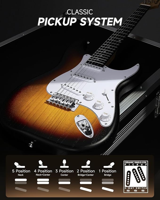 DONNER DST-80 Electric Guitar 39” Beginner Electric Guitar Kit with Amp, Classic SSS Pickup Complete with Gig Bag, Tuner, Capo, Strap, Picks, and Free Online Lessons