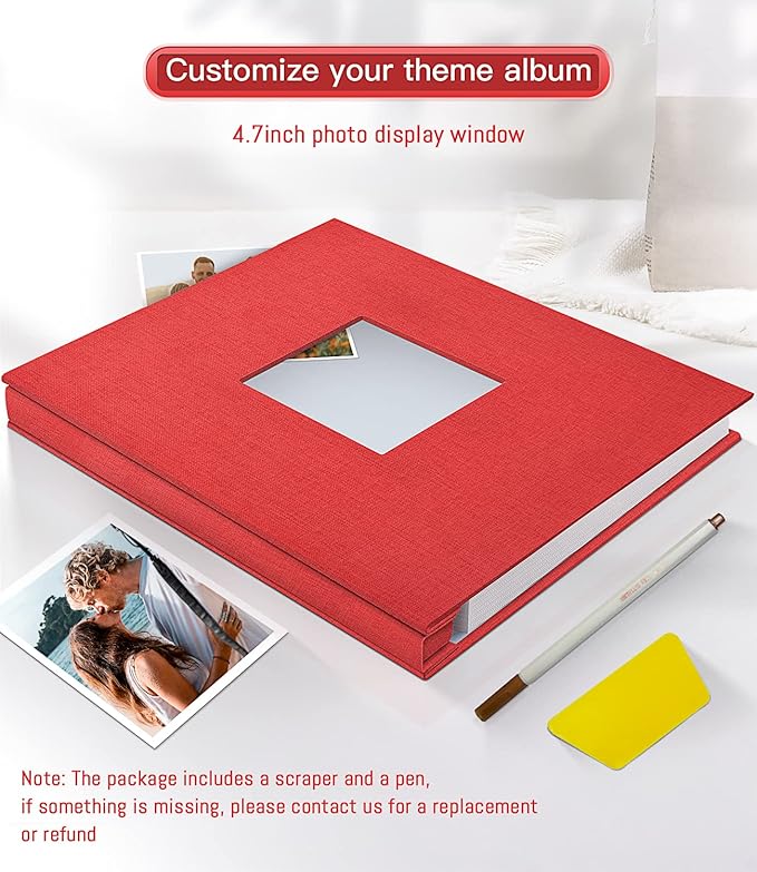 popotop Photo Album Self Adhesive with Picture Display Window,60 Pages DIY Scrapbooking Supplies Kit for 4x6 10x12 Picture,Linen Cover Memory Book for Baby Wedding, with Scraper and Metallic Pen