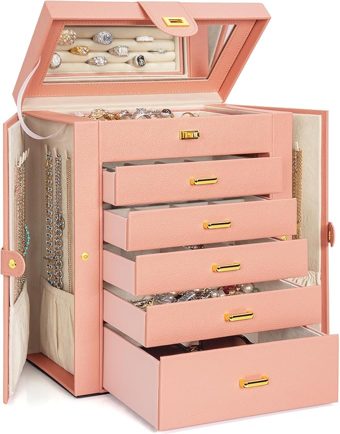 AKOZLIN Large Jewelry Box Organizer Functional Lockable with Big Mirror, Leather Jewelry Storage Case for Women Girls Ring Necklace Earring Bracelet Holder Organizer Pink